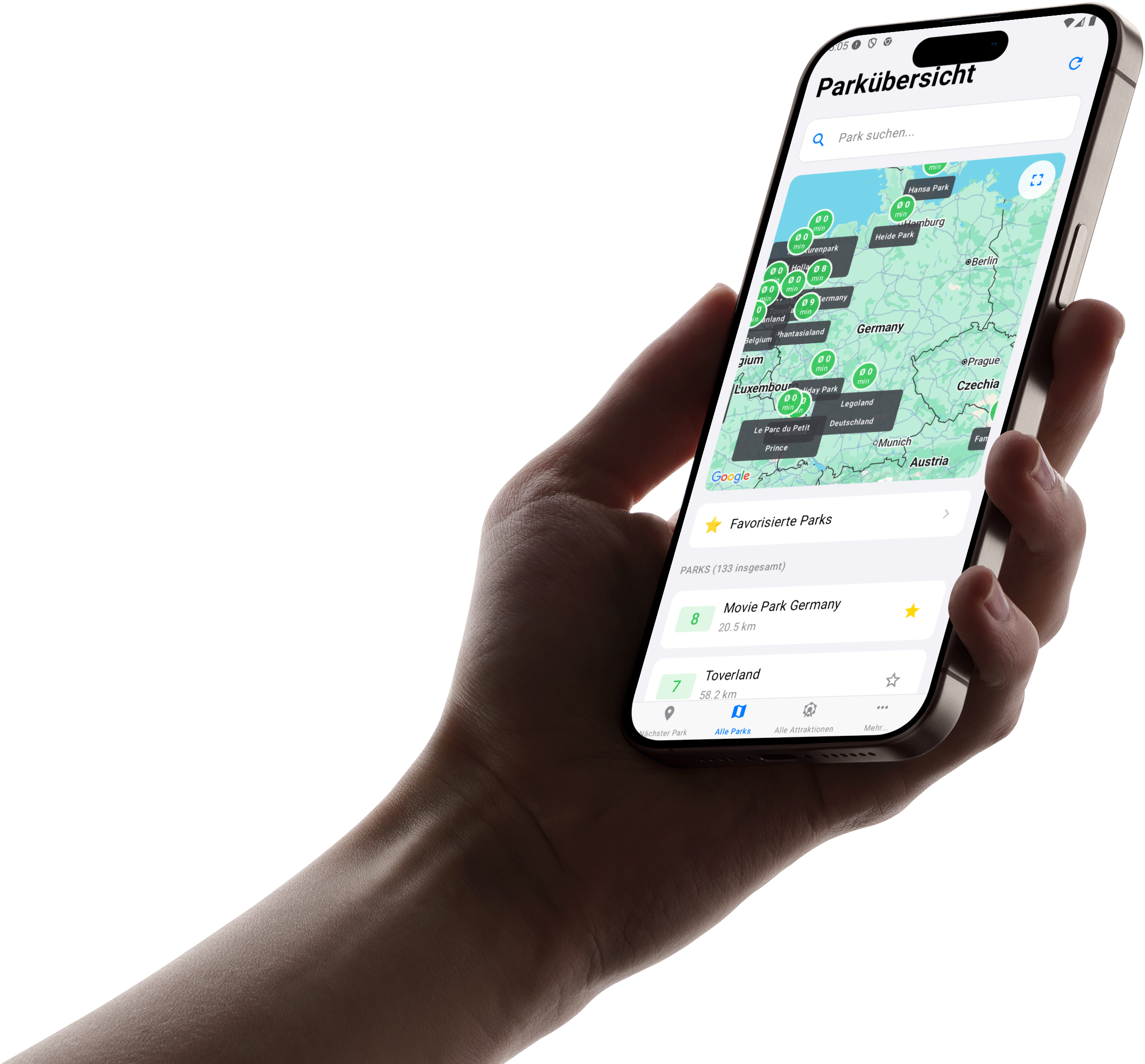 Warte-Zeiten App Screenshot - Parkübersicht